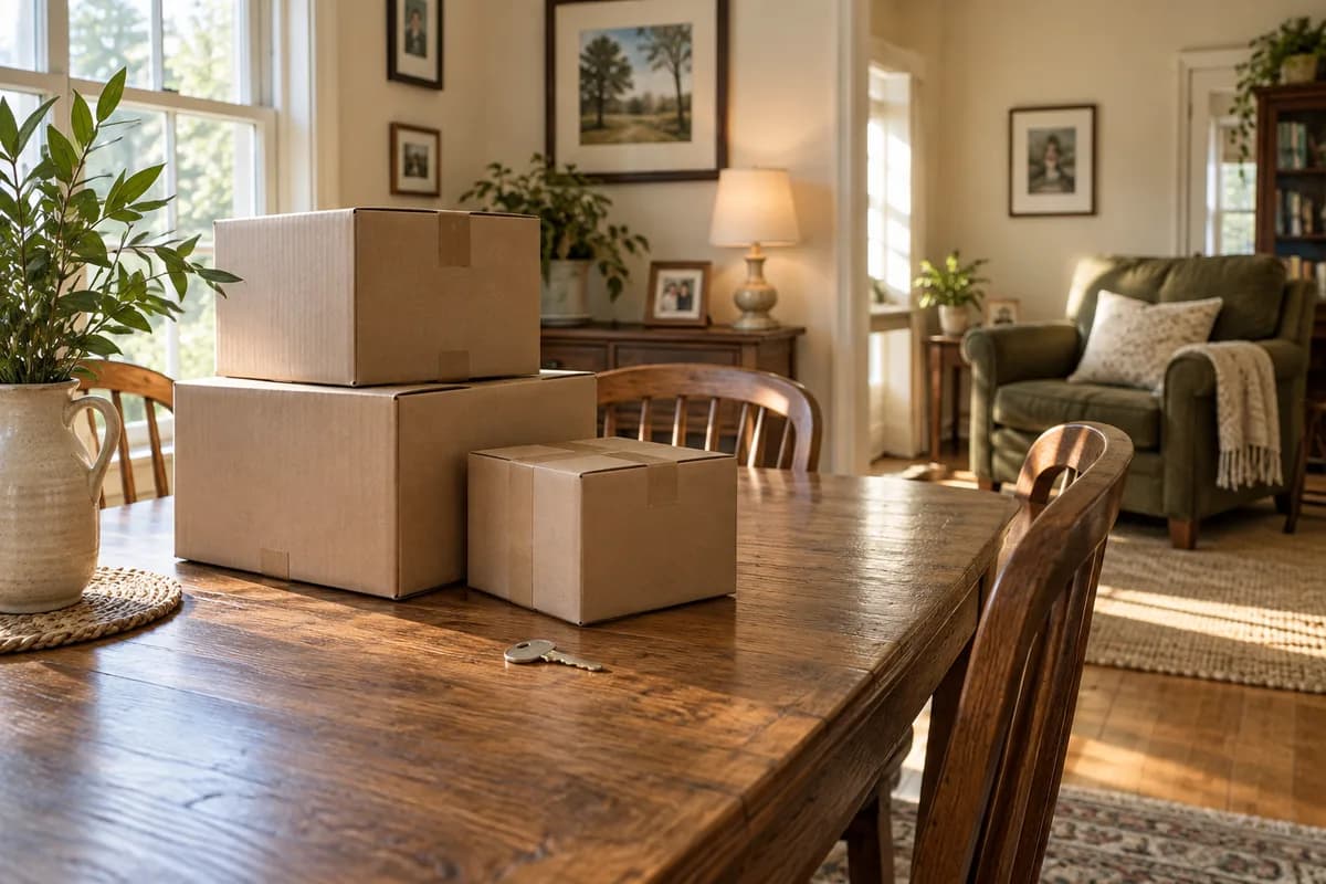 Moving boxes and a house key in a warm, lived-in dining room