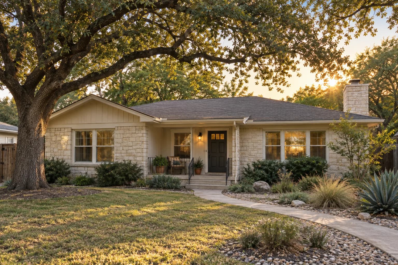 Welcoming limestone ranch home beneath a mature oak tree